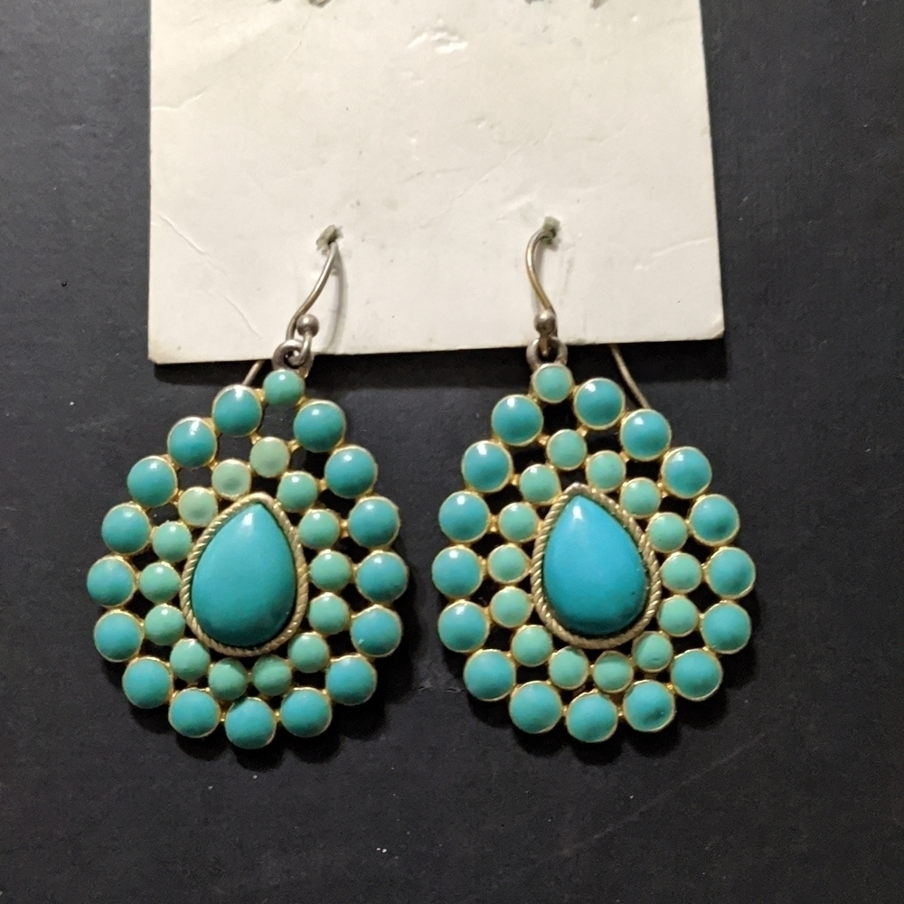 Gold Tone Turquoise Blue Colored Teardrop Statement Earrings
